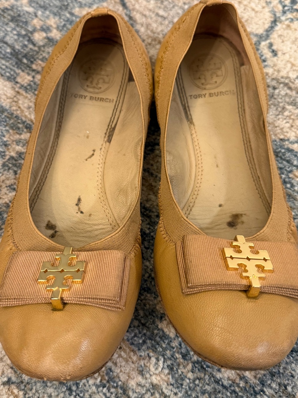 Tory Burch Camel/Tan Leather Logo Bow Flats